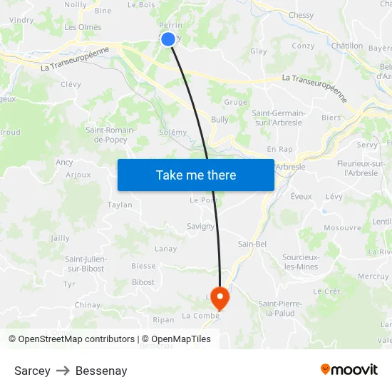 Sarcey to Bessenay map