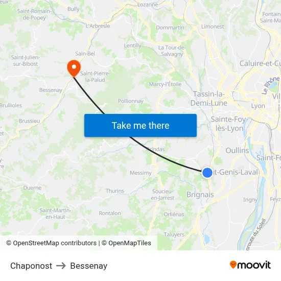 Chaponost to Bessenay map