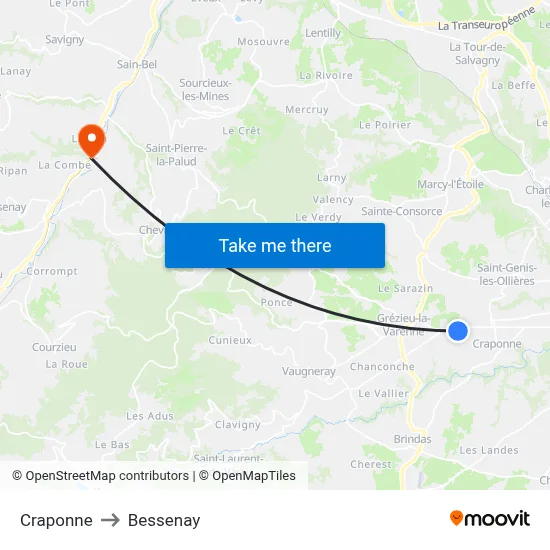 Craponne to Bessenay map