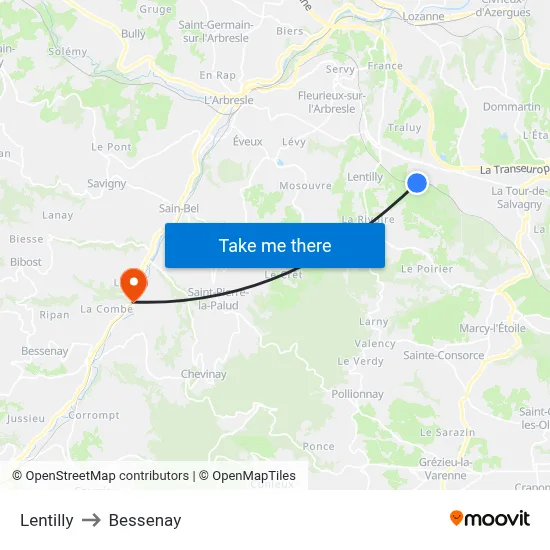 Lentilly to Bessenay map