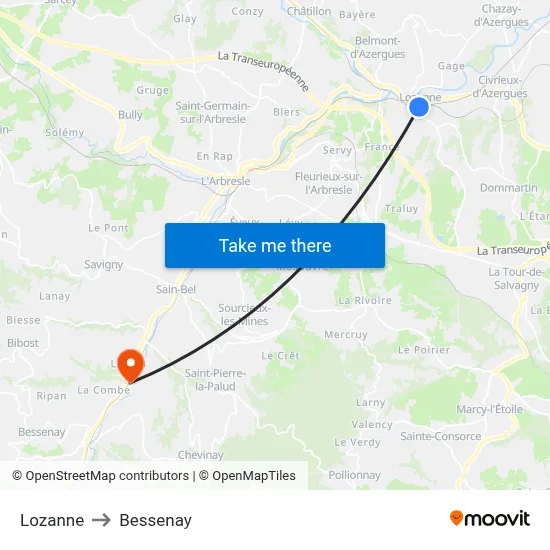 Lozanne to Bessenay map