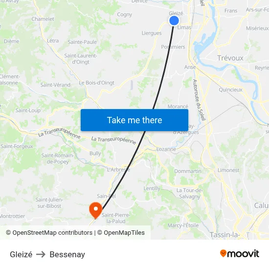 Gleizé to Bessenay map