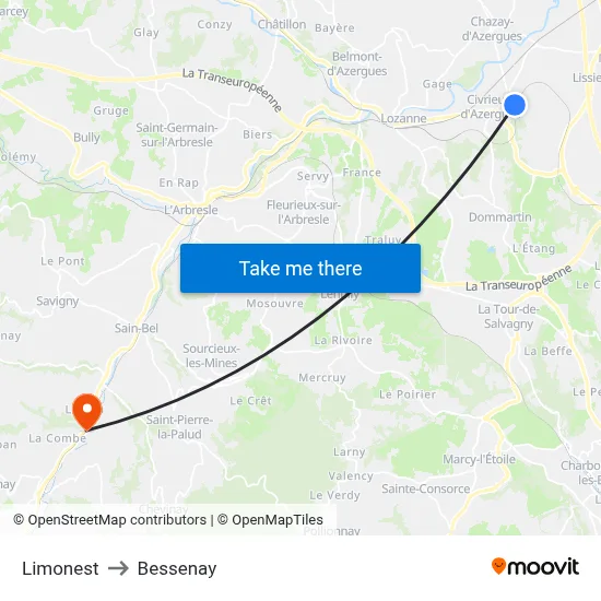Limonest to Bessenay map