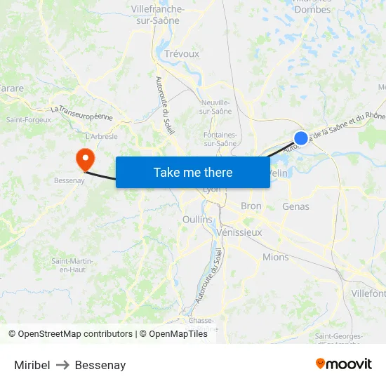 Miribel to Bessenay map