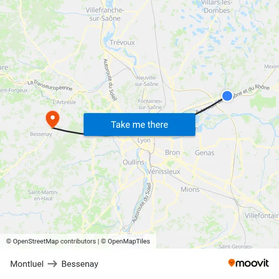 Montluel to Bessenay map