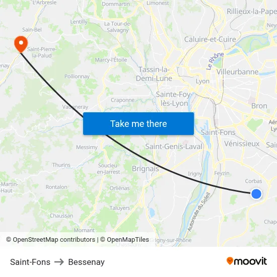Saint-Fons to Bessenay map