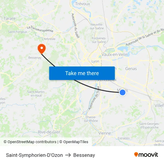 Saint-Symphorien-D'Ozon to Bessenay map