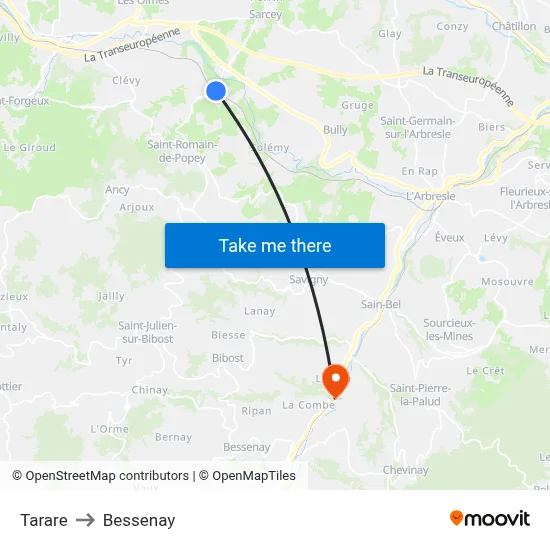 Tarare to Bessenay map