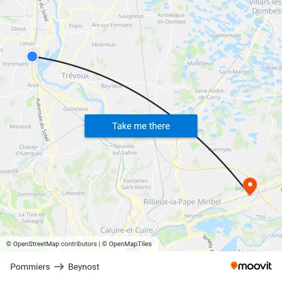 Pommiers to Beynost map
