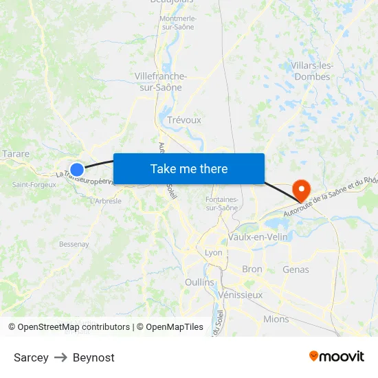 Sarcey to Beynost map