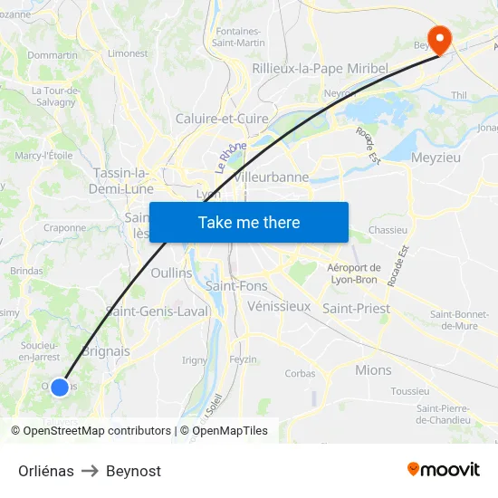 Orliénas to Beynost map