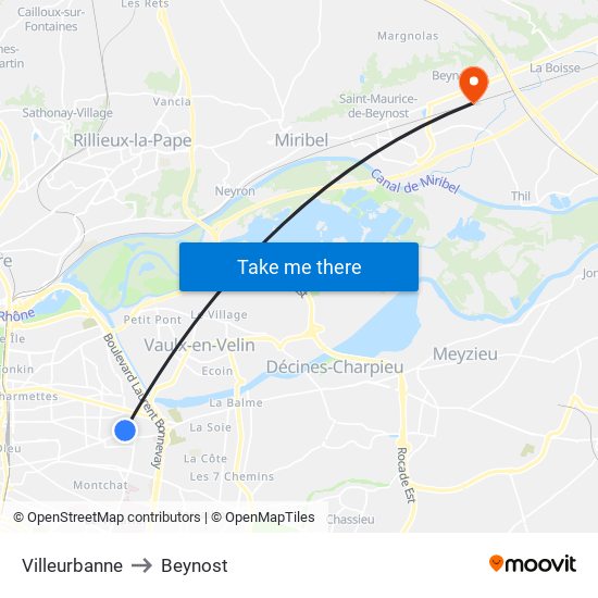 Villeurbanne to Beynost map