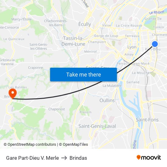 Gare Part-Dieu V. Merle to Brindas map