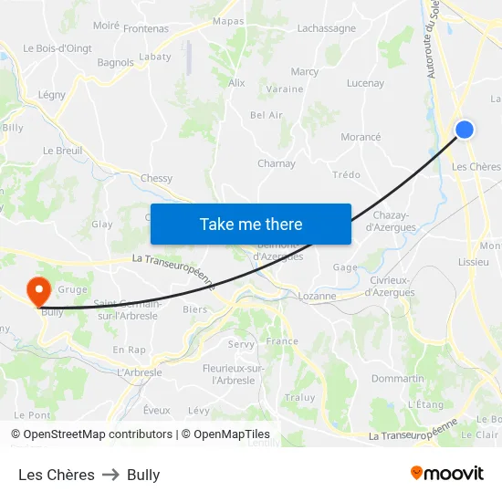 Les Chères to Bully map