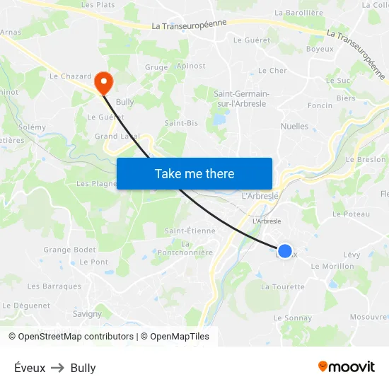 Éveux to Bully map