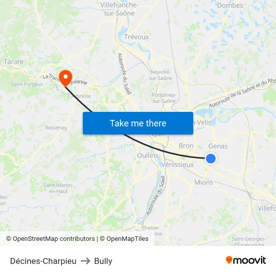 Décines-Charpieu to Bully map
