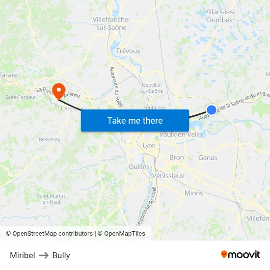 Miribel to Bully map