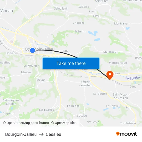 Bourgoin-Jallieu to Cessieu map