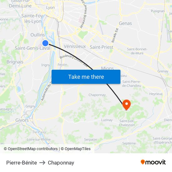 Pierre-Bénite to Chaponnay map