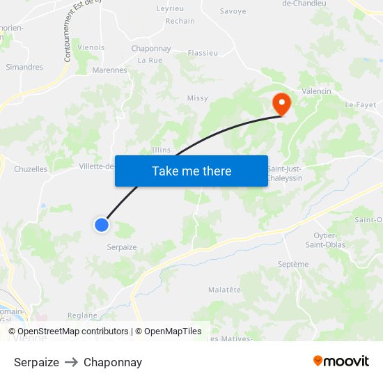 Serpaize to Chaponnay map