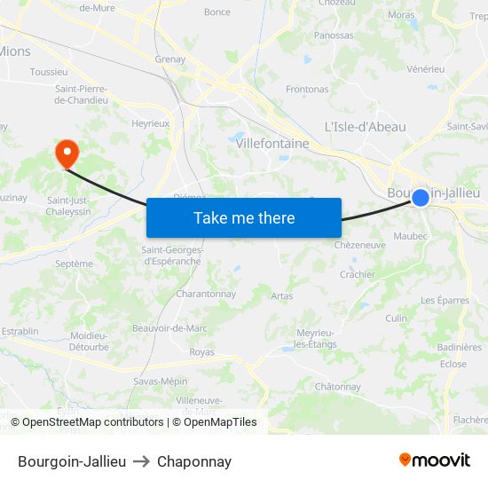Bourgoin-Jallieu to Chaponnay map