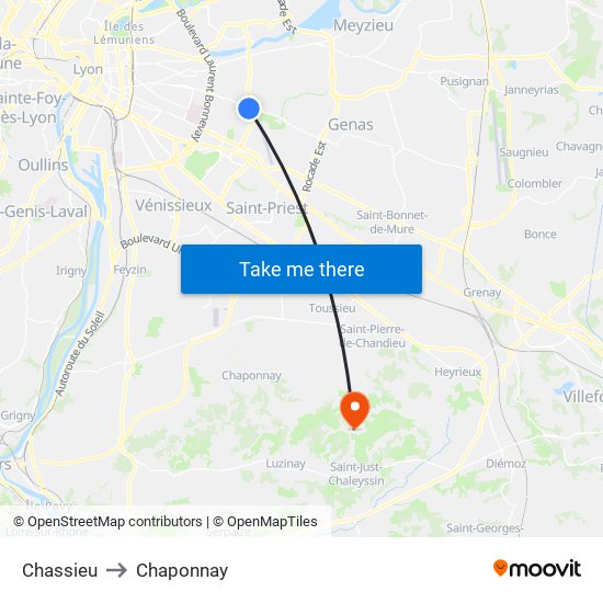 Chassieu to Chaponnay map