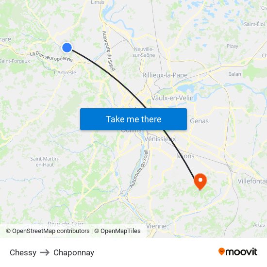 Chessy to Chaponnay map