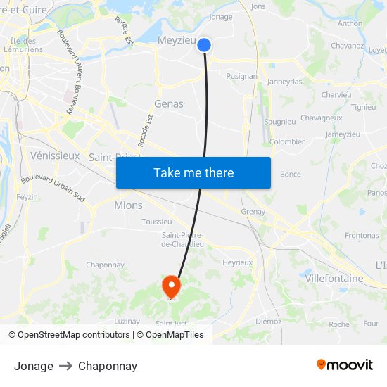 Jonage to Chaponnay map