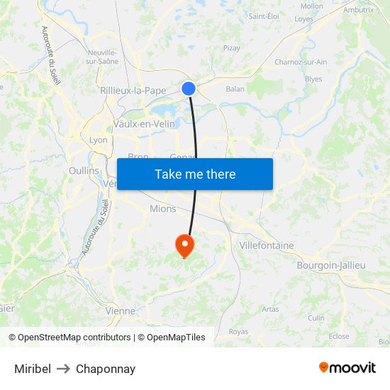 Miribel to Chaponnay map