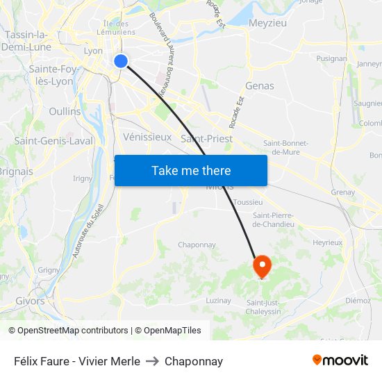 Félix Faure - Vivier Merle to Chaponnay map