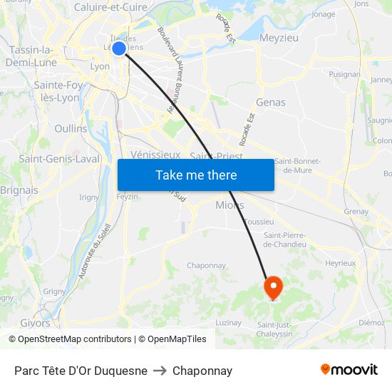 Parc Tête D'Or Duquesne to Chaponnay map