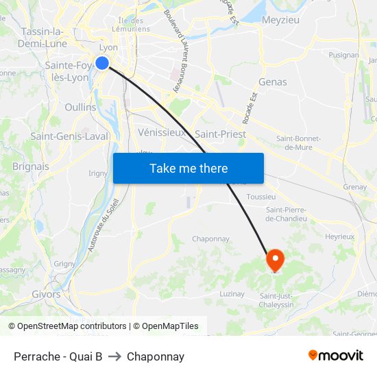 Perrache - Quai B to Chaponnay map