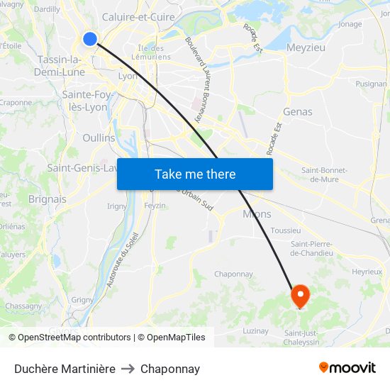 Duchère Martinière to Chaponnay map