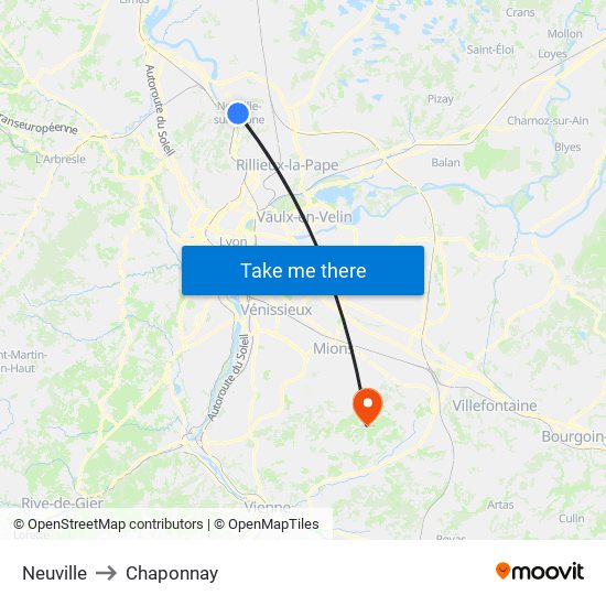 Neuville to Chaponnay map