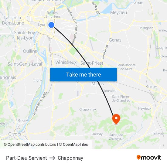 Part-Dieu Servient to Chaponnay map