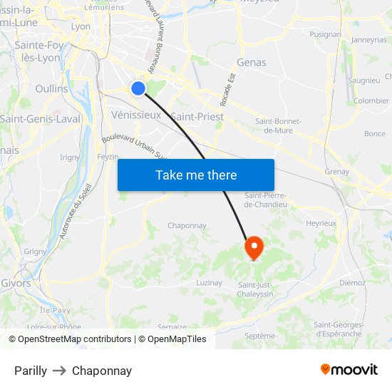 Parilly to Chaponnay map