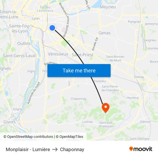 Monplaisir - Lumière to Chaponnay map
