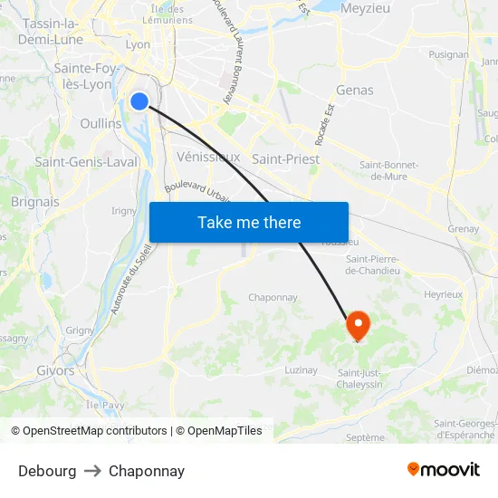 Debourg to Chaponnay map