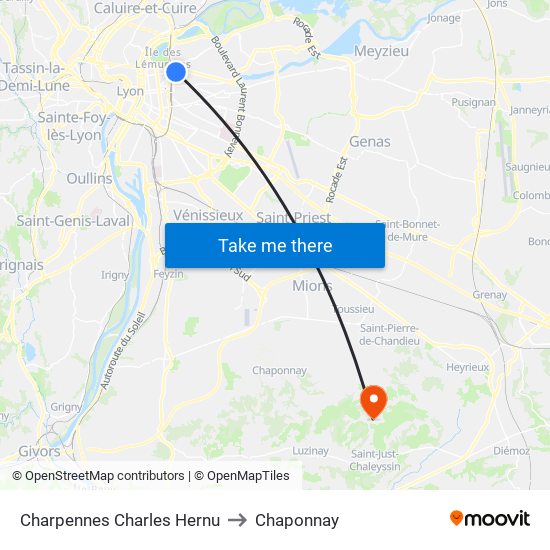 Charpennes Charles Hernu to Chaponnay map