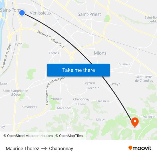 Maurice Thorez to Chaponnay map