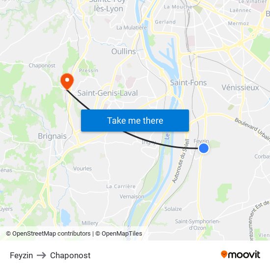 Feyzin to Chaponost map
