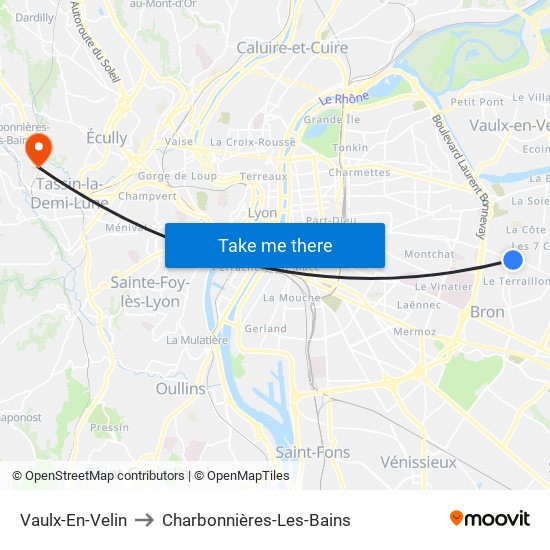 Vaulx-En-Velin to Charbonnières-Les-Bains map