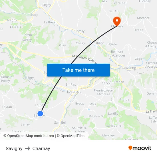 Savigny to Charnay map