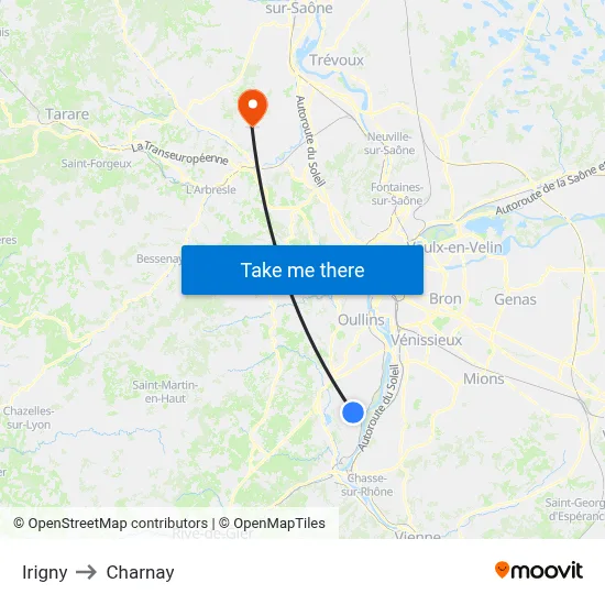 Irigny to Charnay map