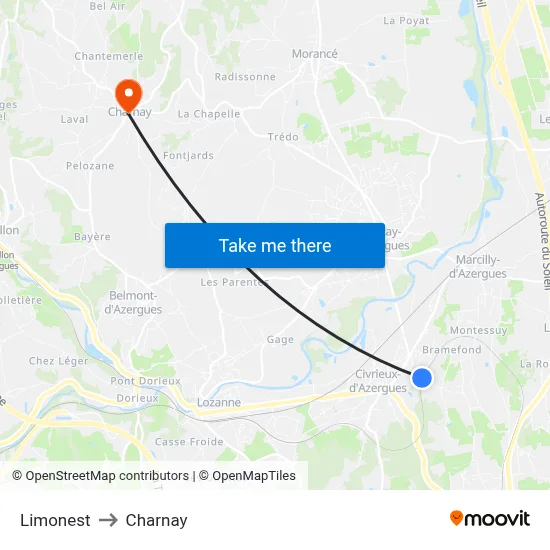 Limonest to Charnay map