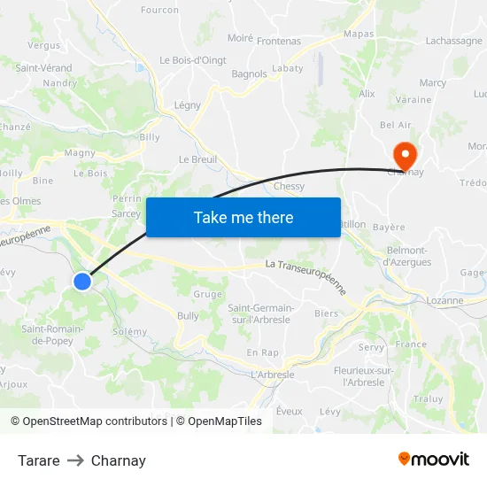 Tarare to Charnay map