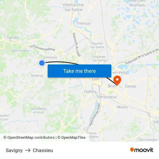 Savigny to Chassieu map