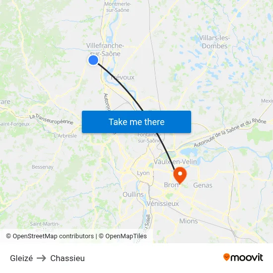 Gleizé to Chassieu map