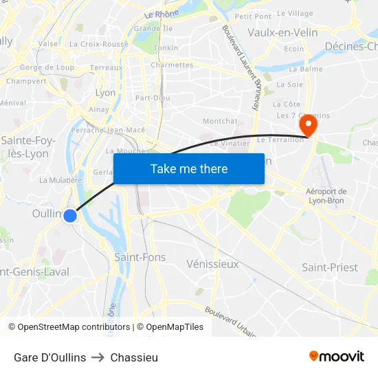 Gare D'Oullins to Chassieu map