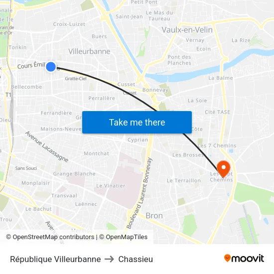 République Villeurbanne to Chassieu map